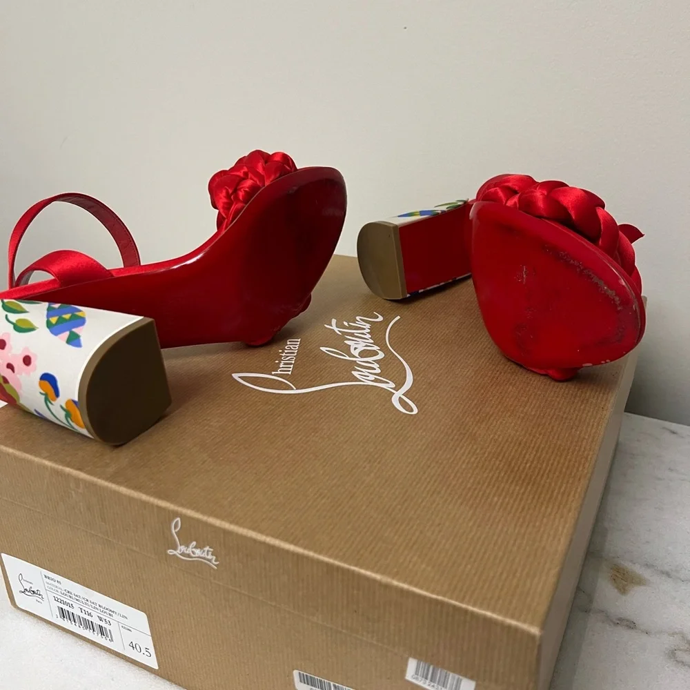Christian Louboutin Red Satin Braided Block Heel Sandals with Painted Heel